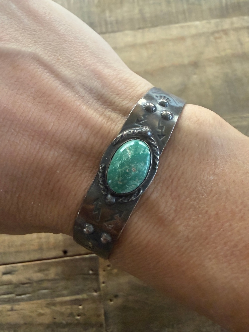 Vintage Native Navajo Sterling Silver Turquoise Stamped Cuff Bracelet